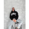 Unisex Üç İplik Kapşonlu Baskılı Sweatshirt - Siyah