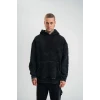 Unisex Uzun Kol Kapşonlu Yıkamalı Nakışlı Sweatshirt - Siyah