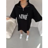 Unisex Yarım Fermuarlı Baskılı T-shirt - Siyah