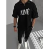 Unisex Yarım Fermuarlı Baskılı T-shirt - Siyah