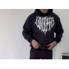 Uzun Kol Kapşonlu Baskılı Sweatshirt - Siyah