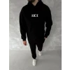 Uzun Kol Kapşonlu Göğüs Baskılı Sweatshirt - Siyah