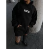 Uzun Kol Kapşonlu Göğüs Baskılı Sweatshirt - Siyah