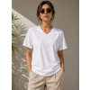 V Yaka Basic Tişört Kısa Kol Yazlık Regular Fit T-shirt - Beyaz