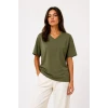 V Yaka Basic Tişört Kısa Kol Yazlık Regular Fit T-shirt - Haki