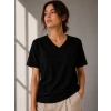 V Yaka Basic Tişört Kısa Kol Yazlık Regular Fit T-shirt - Siyah