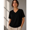 V Yaka Basic Tişört Kısa Kol Yazlık Regular Fit T-shirt - Siyah