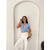 Vatkalı Kolsuz V Yaka Drapeli Crop Bluz Likralı Fit - Bebek Mavisi