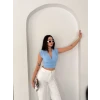 Vatkalı Kolsuz V Yaka Drapeli Crop Bluz Likralı Fit - Bebek Mavisi