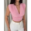 Vatkalı Kolsuz V Yaka Drapeli Crop Bluz Likralı Fit - Pembe