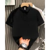 Yakası Düğmeli Yakalı Pike Düz T-shirt - Siyah