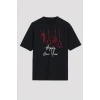 Yılbaşı Happy New Year Baskılı Kısa Kollu Oversize Bisiklet Yaka T-shirt - Siyah