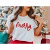 Yılbaşı Merry Christmas Baskılı Kısa Kollu Oversize Bisiklet Yaka T-shirt - Beyaz
