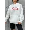 Yılbaşı Merry Christmas Baskılı Oversize Kapüşonlu Sweatshirt Hoodie - Beyaz