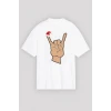 Yılbaşı Noel Başlıklı Serçe Parmak Baskılı Oversize Bisiklet Yaka T-shirt - Beyaz