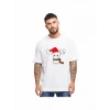 Yılbaşı Noel Ren Geyiği Baskılı Kısa Kollu Oversize Bisiklet Yaka T-shirt - Beyaz