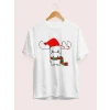 Yılbaşı Noel Ren Geyiği Baskılı Kısa Kollu Oversize Bisiklet Yaka T-shirt - Beyaz