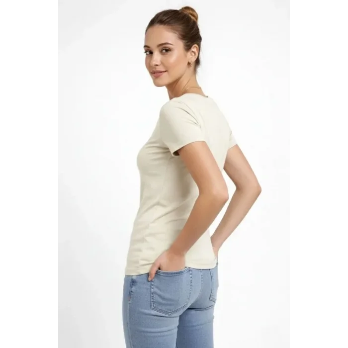 2li V Yaka Tişört – Kısa Kollu Yazlık Slim Fit Body - Saks Mavisi - Ekru