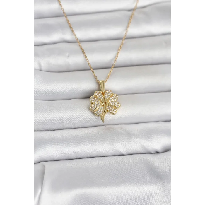 316L Çelik Gold Renk Açılabilir Yonca Model Zirkon Taşlı Kadın Kolye - TJ-BKO11048