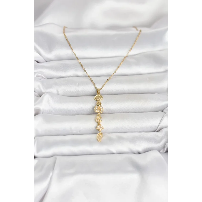 316L Çelik Gold Renk Deniz Temalı Y Model Zirkon Taşlı Kadın Kolye - TJ-BKO11051
