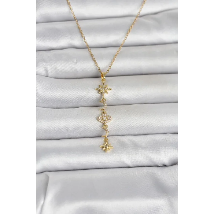 316L Çelik Gold Renk Kutup Yıldızı Y Model Zirkon Taşlı Kadın Kolye - TJ-BKO11049