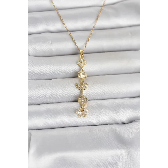 316L Çelik Gold Renk Şans Kolyesi Y Model Zirkon Taşlı Kadın Kolye - TJ-BKO11050