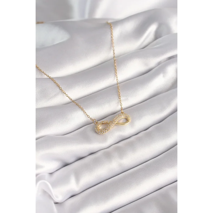 316L Çelik Gold Renk Zincir Zirkon Taşlı Sonsuzluk Model Kadın Kolye - TJ-BKO8410