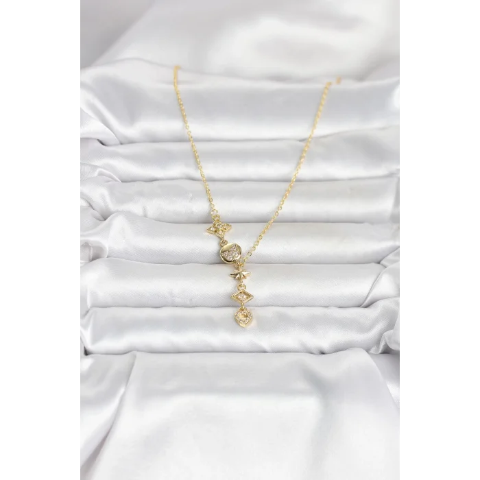 316L Çelik Gold Renk Zirkon Taşlı Y Kadın Kolye - TJ-BKO11053