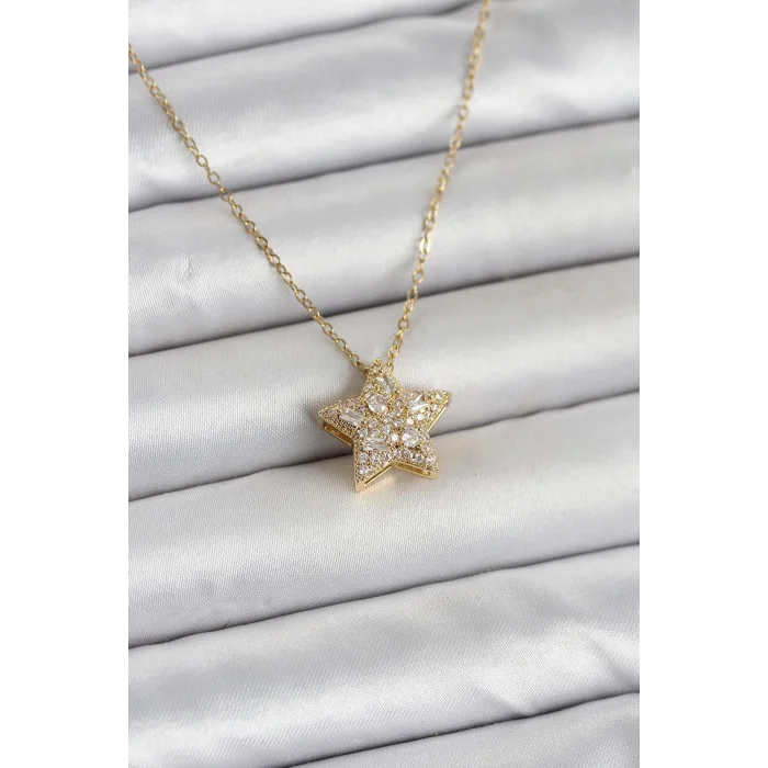 316L Çelik Zincir Gold Renk Zirkon Taşlı Yıldız Model Kadın Kolye - TJ-BKO11018
