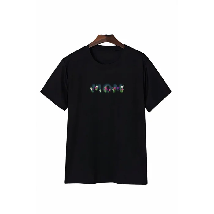 Anneler Gününe Özel Tasarım Mom Çiçek Baskılı T-shirt - Siyah