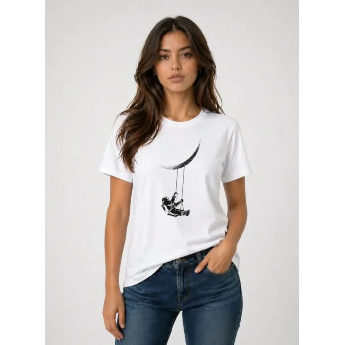 Astronot Ay Temalı Tişört Kısa Kol Yazlık Bisiklet Yaka T-Shirt - Beyaz