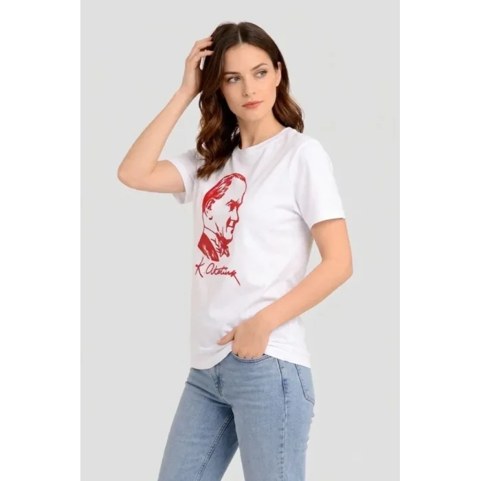 Atatürk Baskılı Tişört Kısa Kollu Bisiklet Yaka T-Shirt - Beyaz