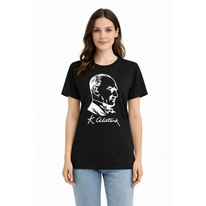 Atatürk Baskılı Tişört Kısa Kollu Bisiklet Yaka T-Shirt - Siyah