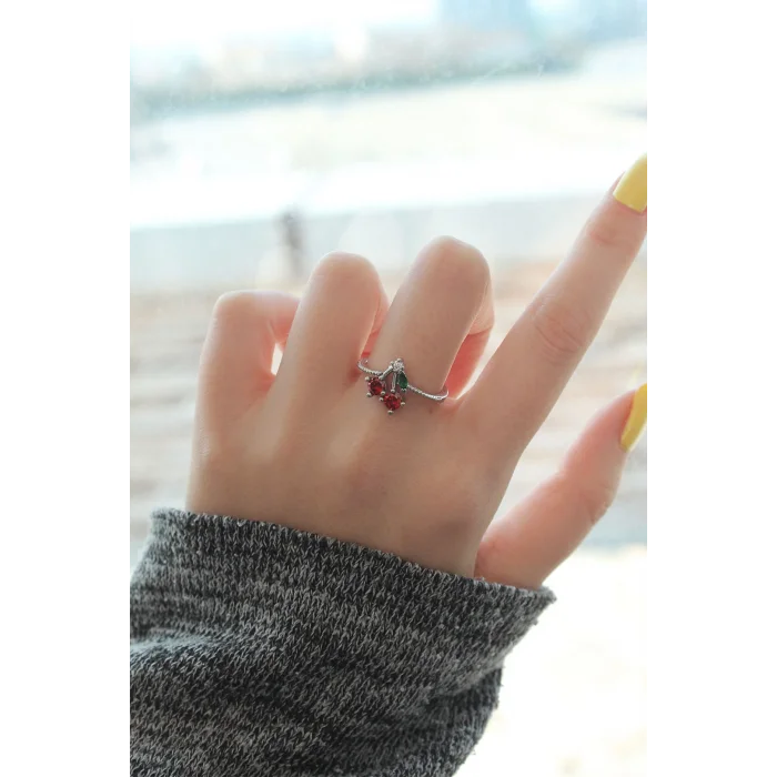 Ayarlamalı Gümüş Renk Kristal Taşlı Kiraz Yüzük - TJ-BYK2269
