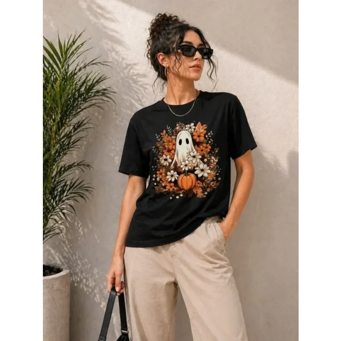 Balkabağı Hayalet Baskılı Tişört Kısa Kol Yazlık T-Shirt - Siyah
