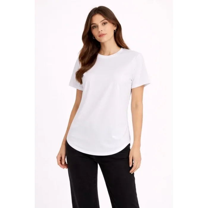 Basic T-Shirt Kısa Kol Bisiklet Yaka Oval Kesim Tişört - Beyaz