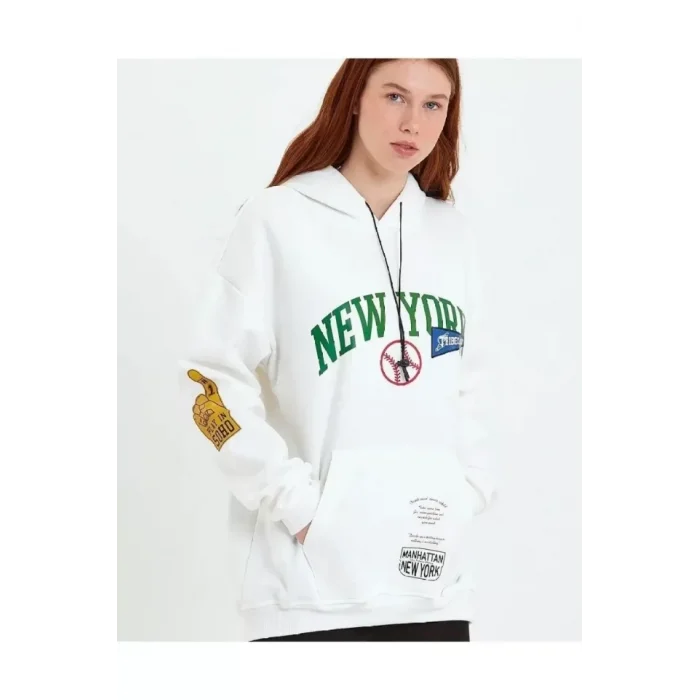 Baskılı Kapüşonlu Sweatshirt - Beyaz