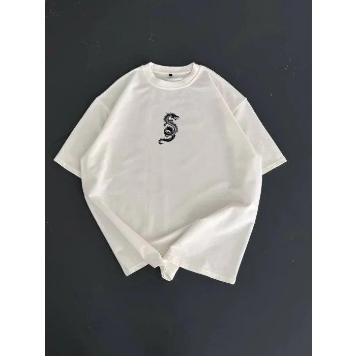 Baskılı Oversize Bisiklet Yaka T-shirt - Beyaz
