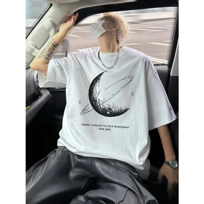 Baskılı Oversize Bisiklet Yaka T-shirt - Beyaz
