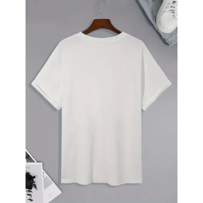 Baskılı Oversize Bisiklet Yaka T-shirt - Beyaz