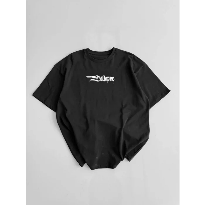 Baskılı Oversize Bisiklet Yaka T-shirt - Siyah