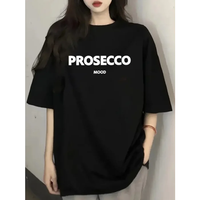Baskılı Oversize Bisiklet Yaka T-shirt - Siyah