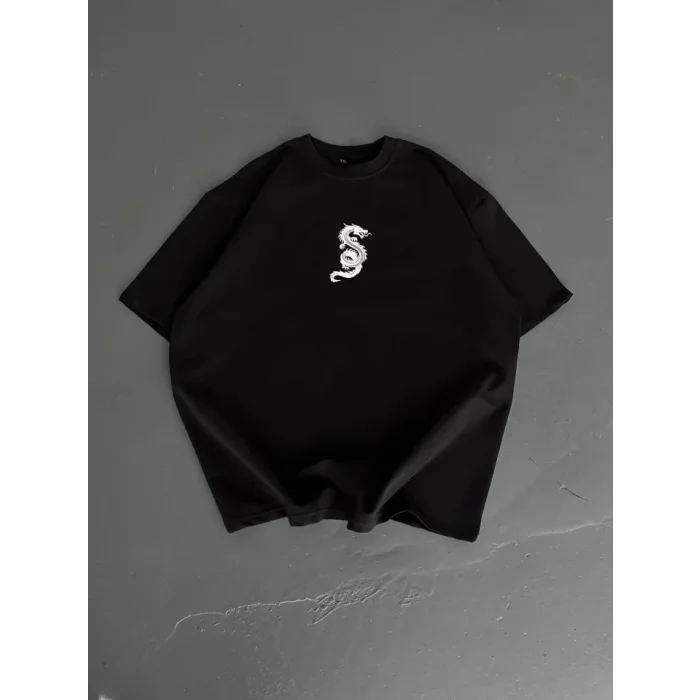 Baskılı Oversize Bisiklet Yaka T-shirt - Siyah