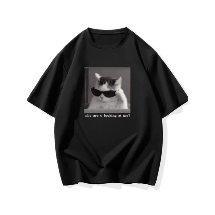 Baskılı Oversize Bisiklet Yaka T-shirt - Siyah