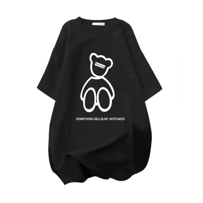 Baskılı Oversize Bisiklet Yaka T-shirt - Siyah