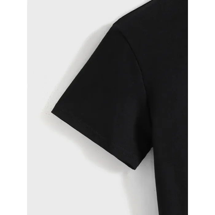 Baskılı Oversize Bisiklet Yaka T-shirt - Siyah