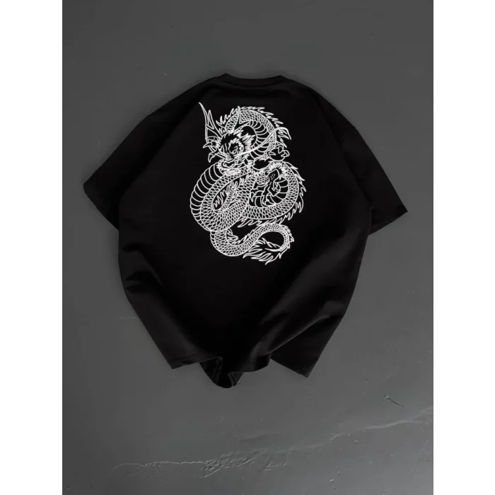 Baskılı Oversize Bisiklet Yaka T-shirt - Siyah