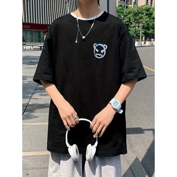 Baskılı Oversize Bisiklet Yaka T-shirt - Siyah