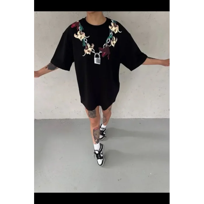 Baskılı T-Shirt Kısa Kol Bisiklet Yaka Regular Rahat Kalıp Günlük Tişört - Siyah