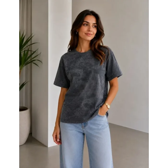 Batik Desenli Tişört Bisiklet Yaka Kısa Kol Regular Fit T-shirt - Siyah